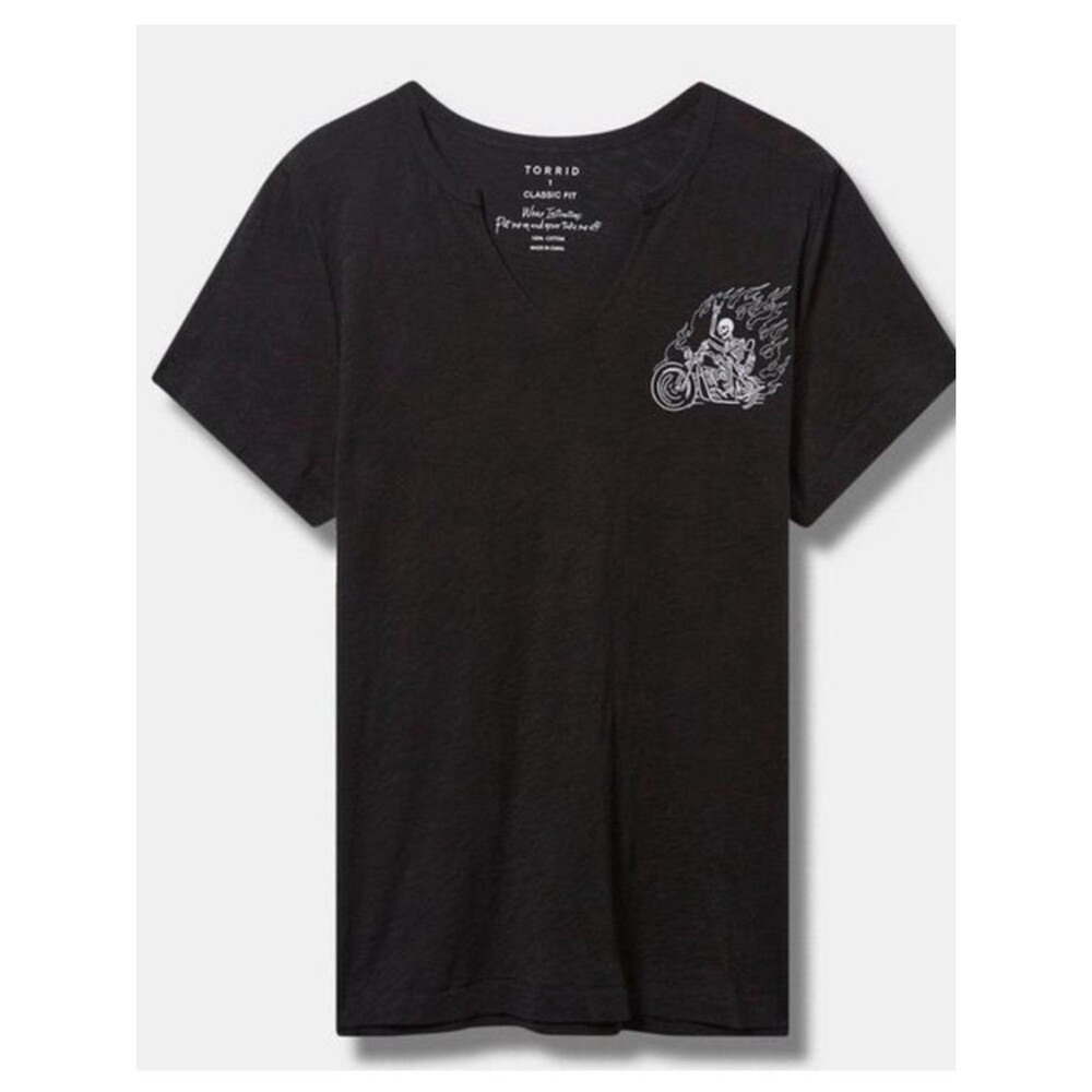 torrid Black V-Neck Tee with White Motorcycle Embroidery